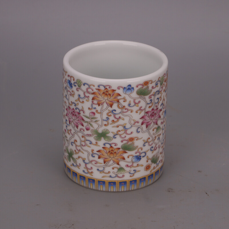 4.2″ China Colour Enamels Porcelain White Glaze Lotus Flower Branch Brush Pot