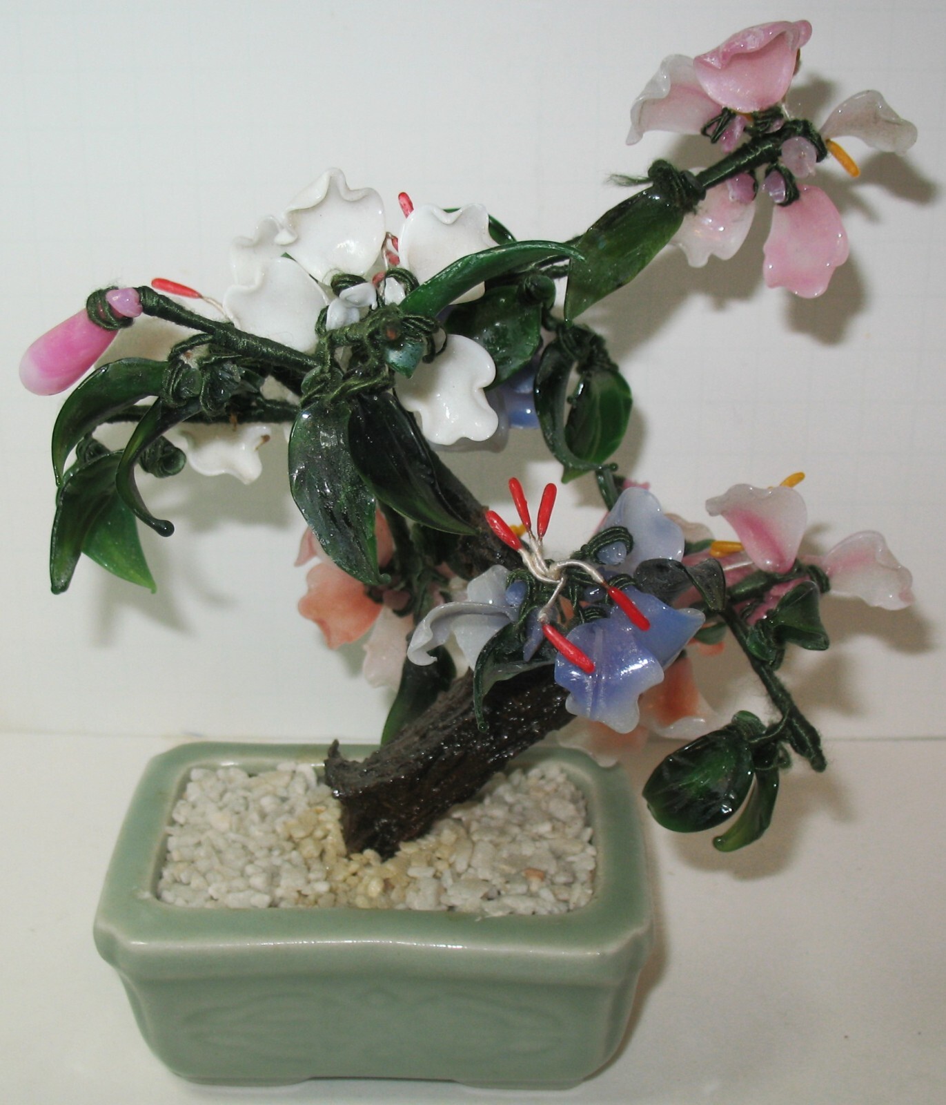 Victorian Era Chinese Jade Flowered Bonsai Tree in Celedon Planter