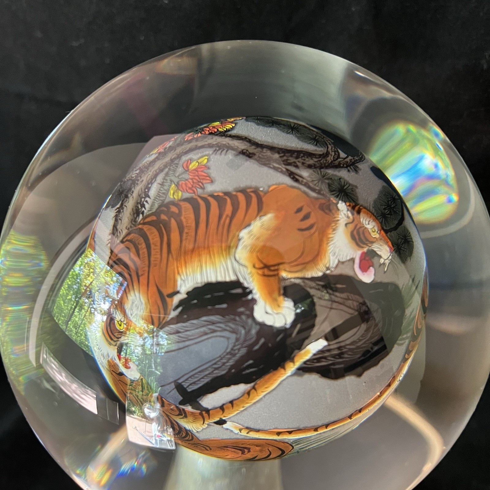 Chinese Glass Globe Five Tigers Inside Painted Reverse Art Lg 4.5in On Gold Base