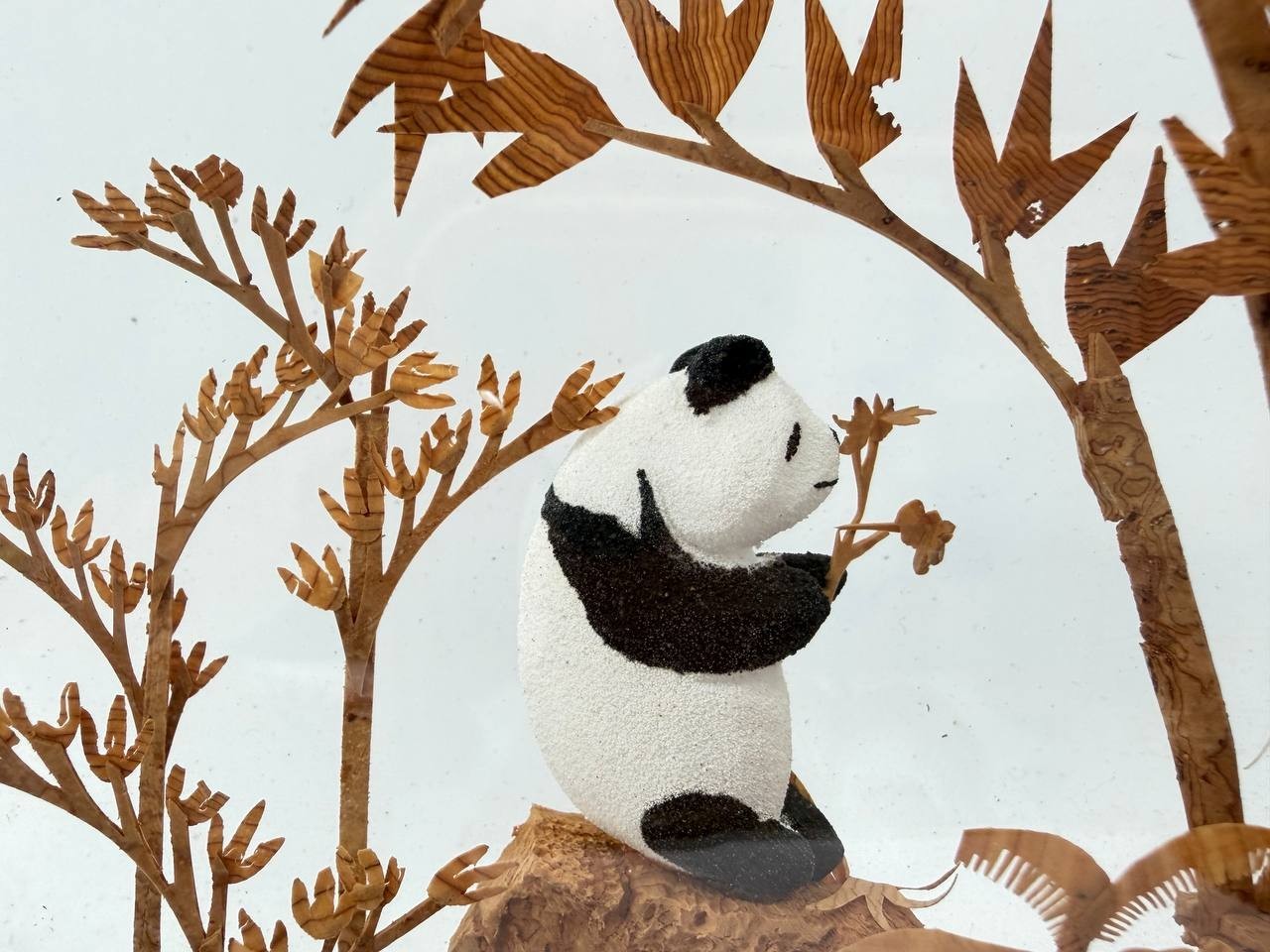 Chinese Cork Carving Panda Diorama Glass Wood Frame Tabletop Decor 1.5 lb
