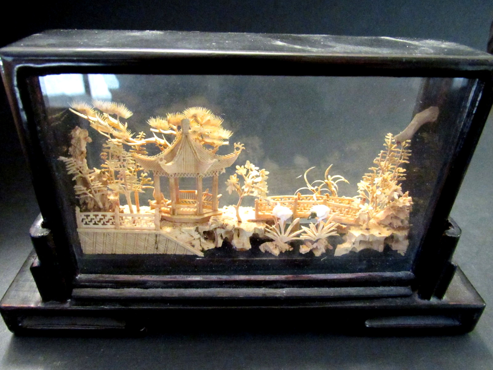 VTG Chinese San You Cork Art Hand Carved Diorama with Pagoda, Cranes, Trees LP-4