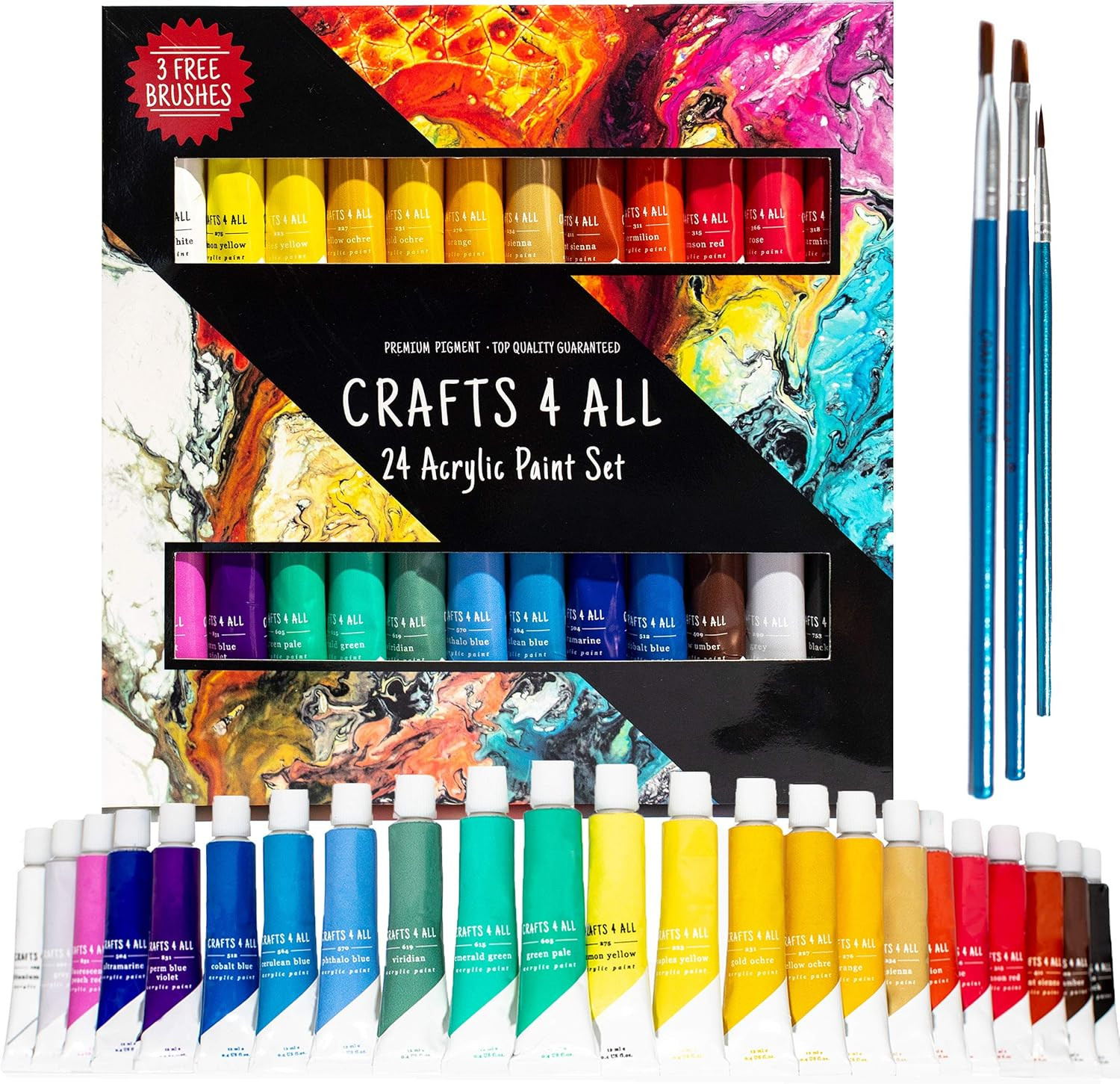 Acrylic Paint Set for Adults and Kids – 24 Pack of 12Ml Paints with 3 Art Brushe