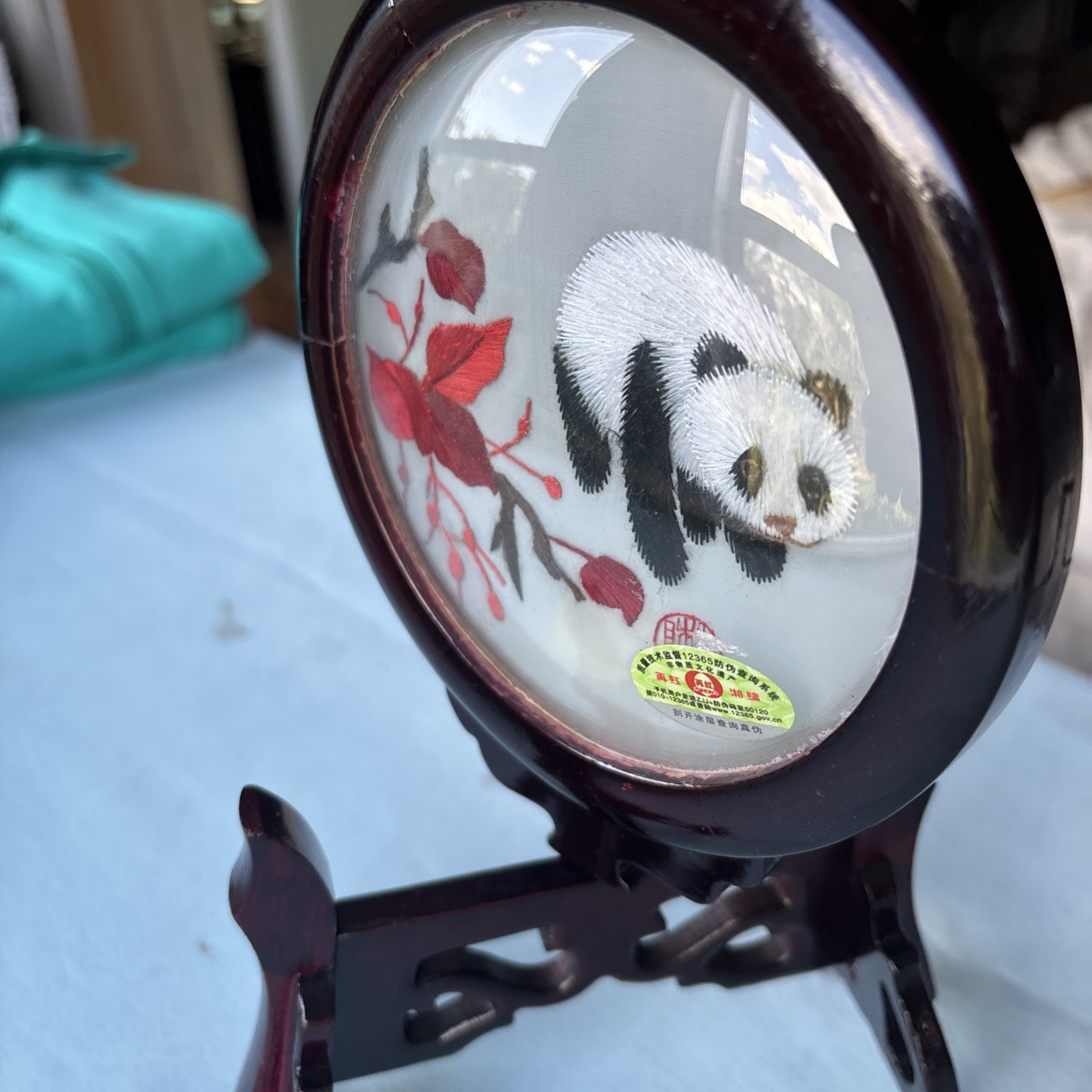 Handmade Chinese Double-Sided Silk Embroidery Panda Art Wood Stand w/Gift Box