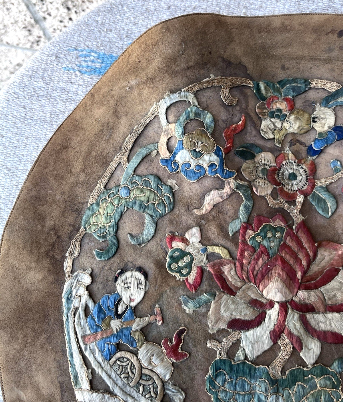 Antique Chinese Asian Leather Embroidered Silk Roundel Art Panel 15″ Qing Floral