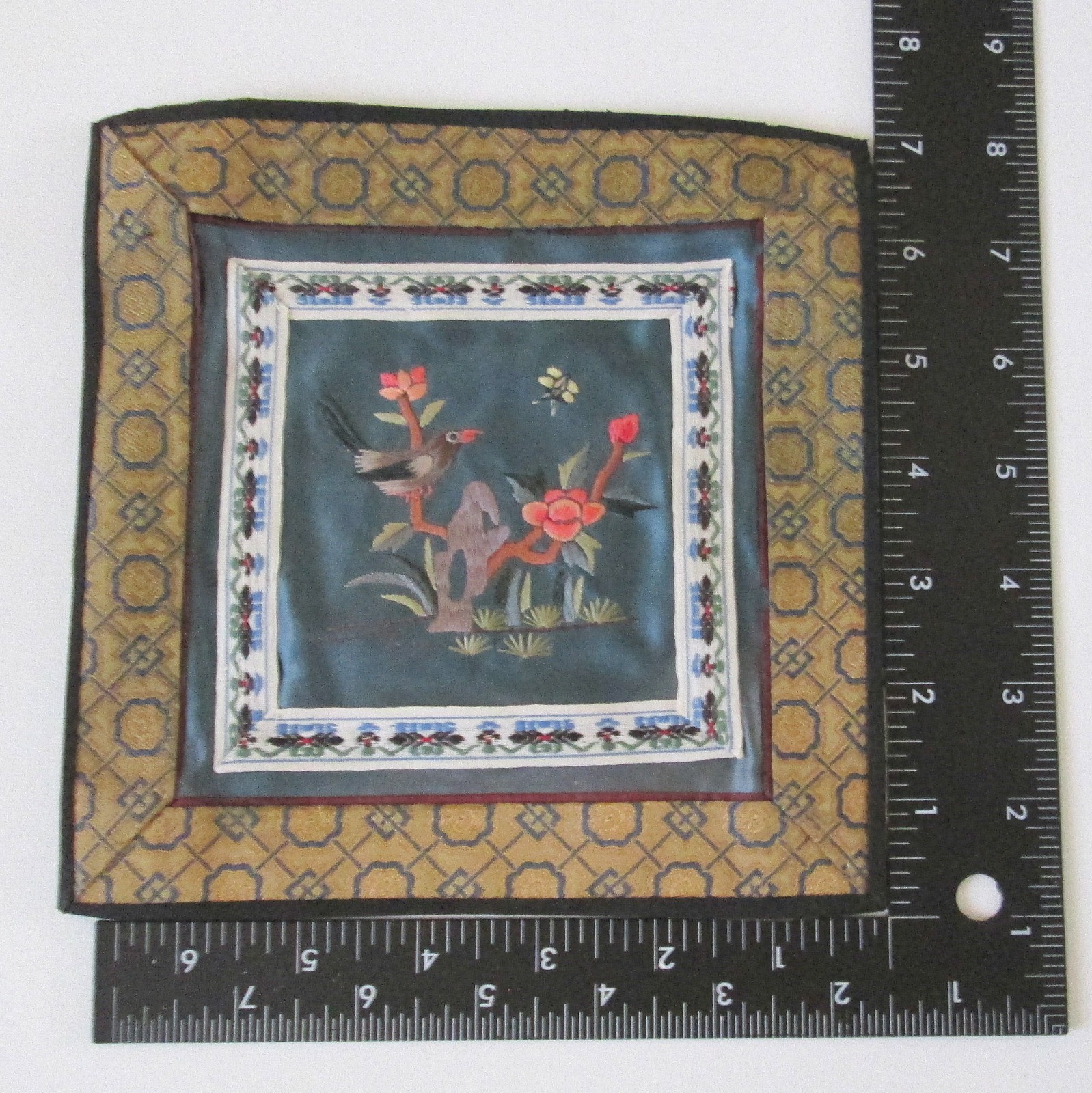Vintage Chinese Silk Embroidered Square Textile Panel Bird On Branches 7 Inches