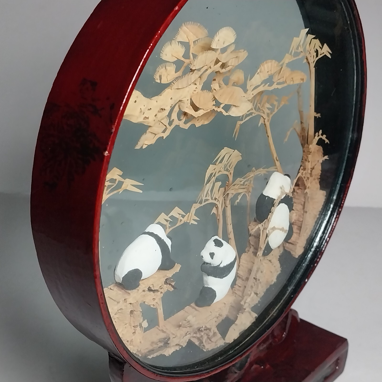 Antique Asian Carved Cork Framed Glass Diorama w/ Panda Bear Figures on Stand
