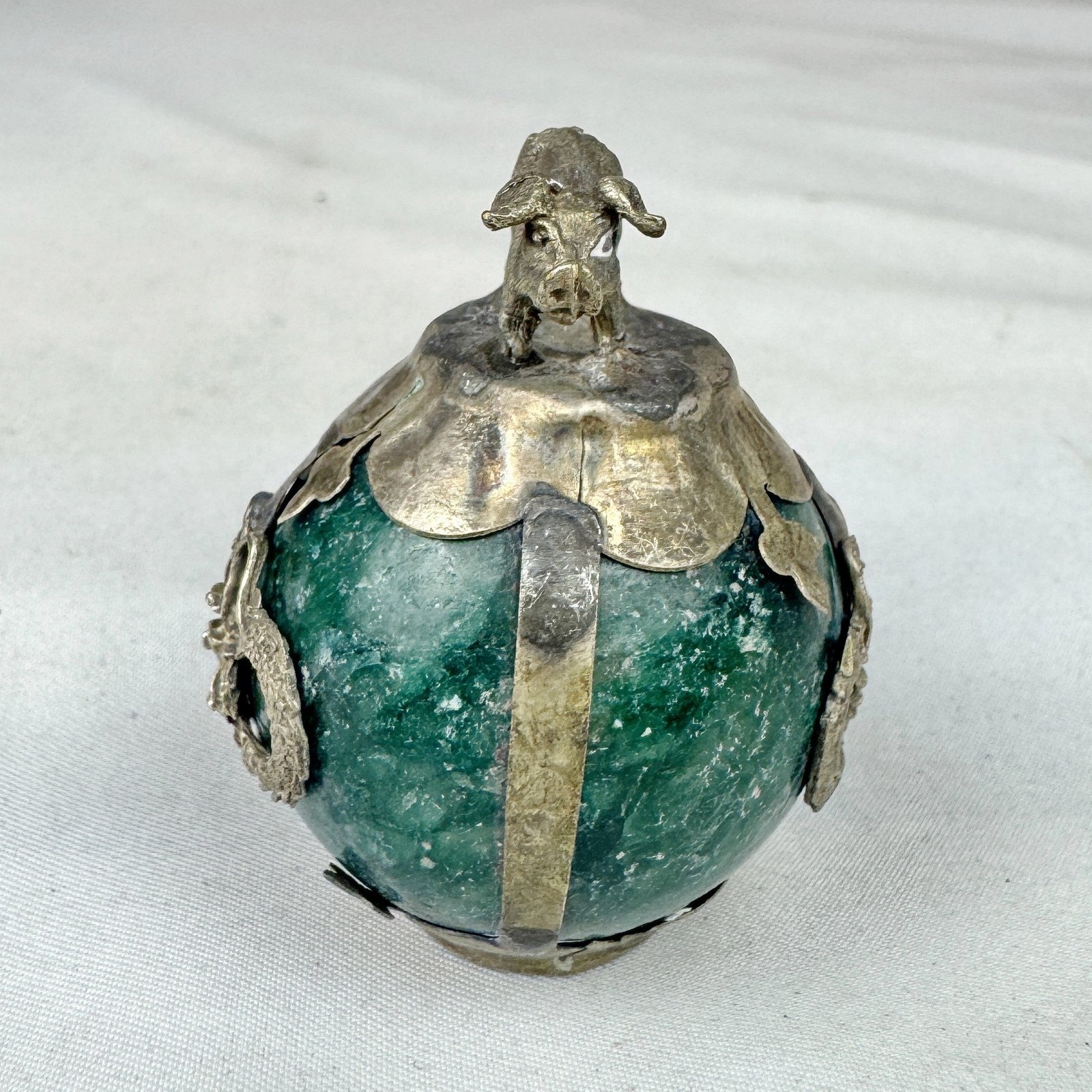 Vintage Chinese Zodiac PIG Green Marble Orb, Pewter/Tin Finial, Dragon Motif