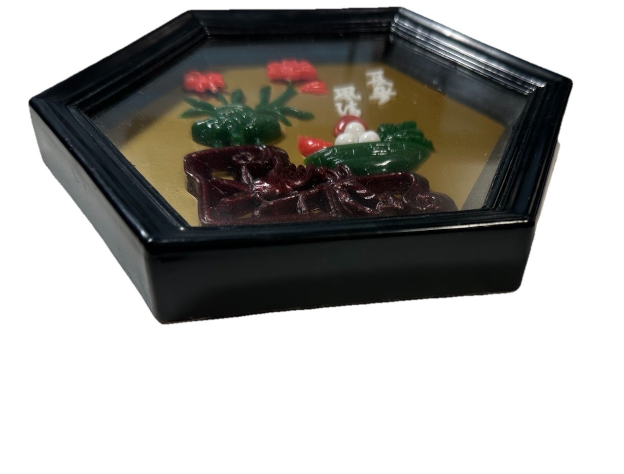 vintage Chinese imitation jade and coral 3D shadow box art plaque