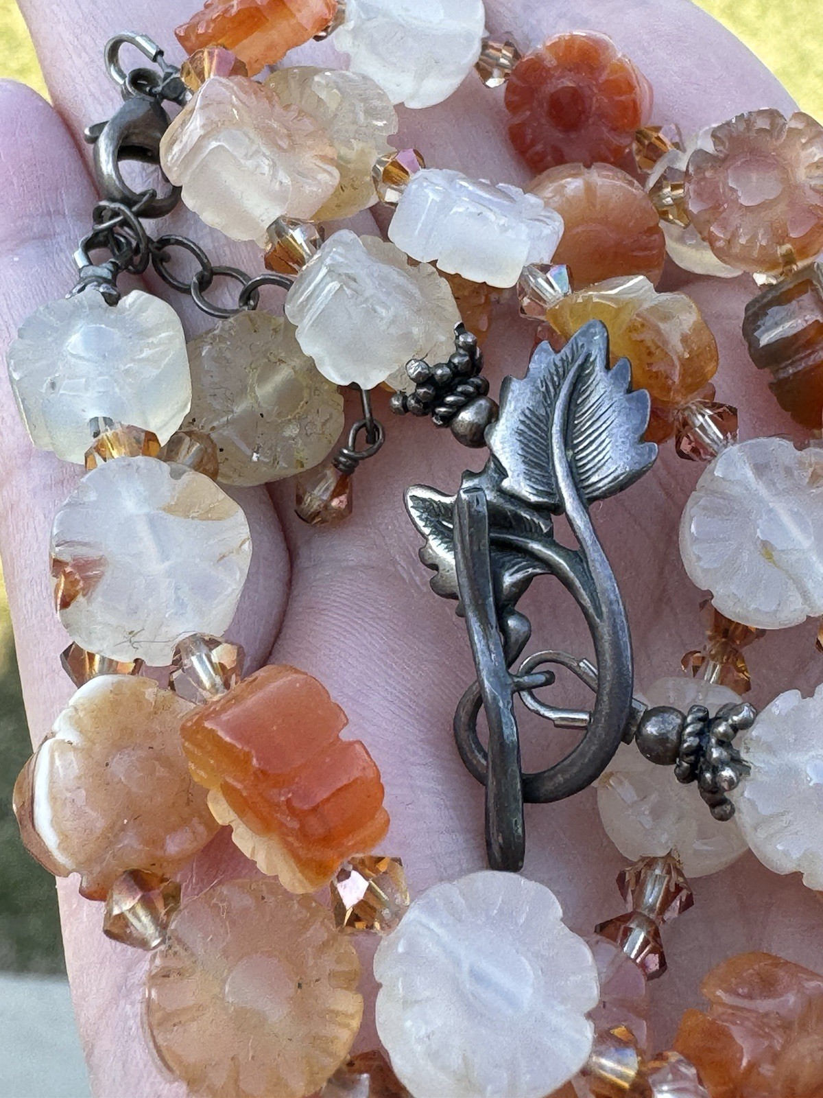 Antiqued Chinese? Carved Carnelian Agate Floral STERLING mar Set Choker Bracelet