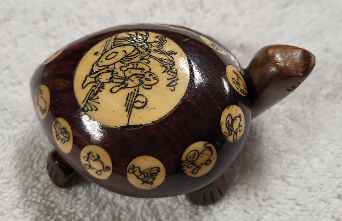 Vintage Carved Wood Turtle with Inlaid Chinese Zodiac Signs Opens to Compass