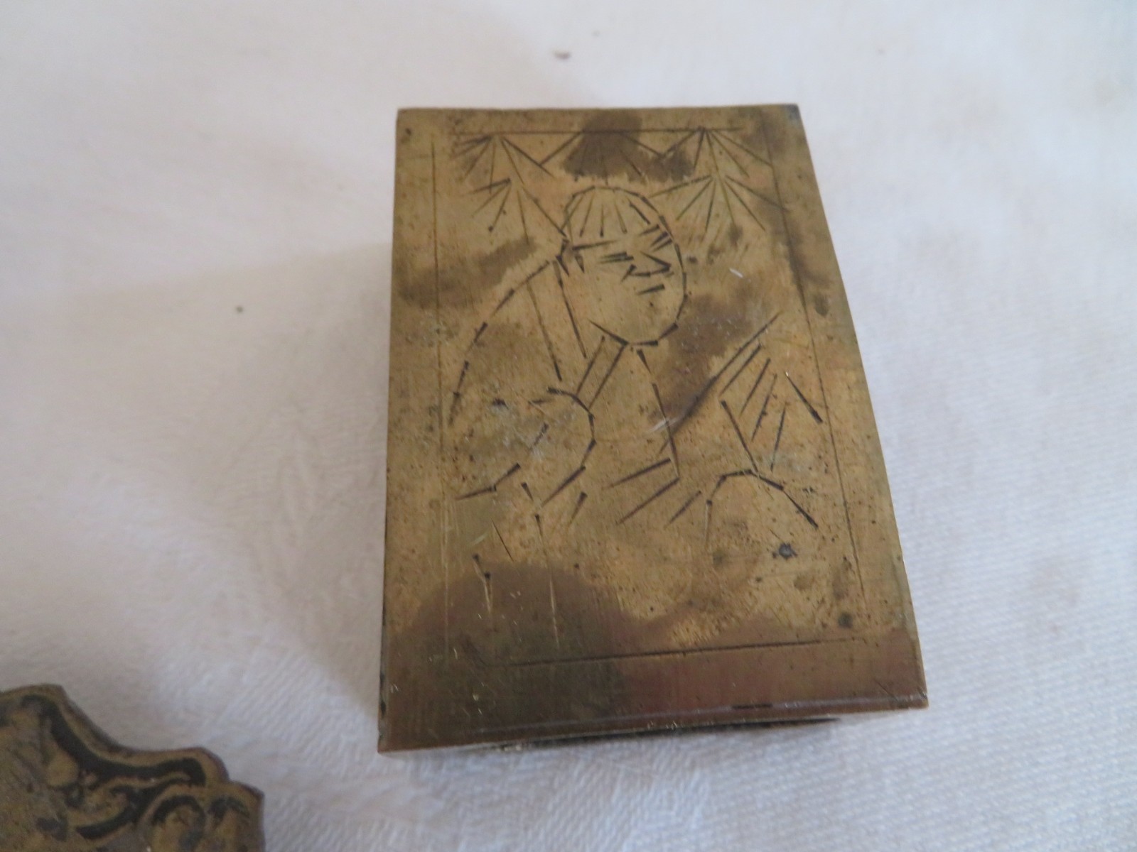 3 vintage Chinese Brass Matchbox Holder, Ashtray, Barrel Match Safe