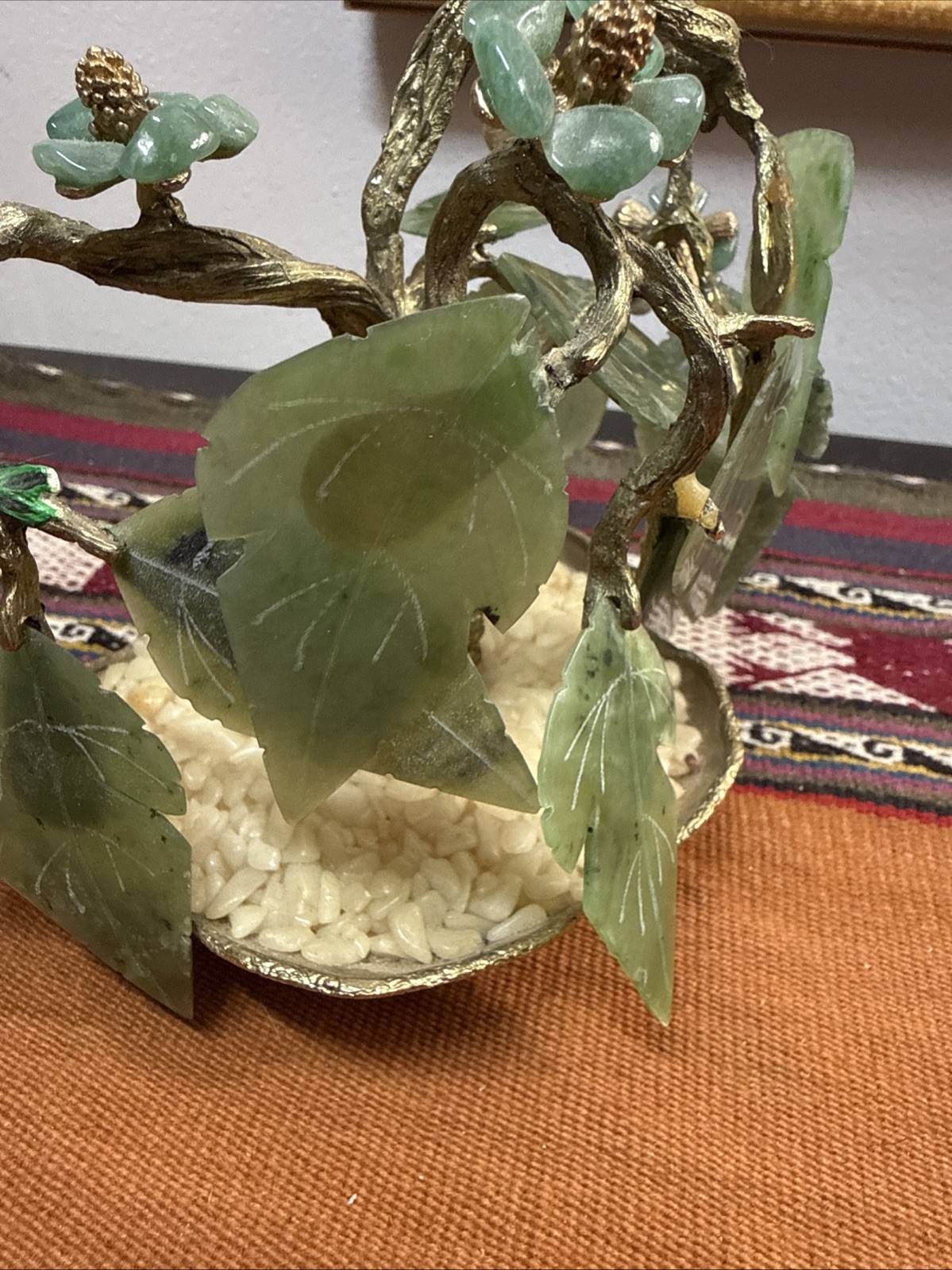 Vintage Glass Bonsai Jade Tree Intricate Multi Colored Flowers in Jade Base