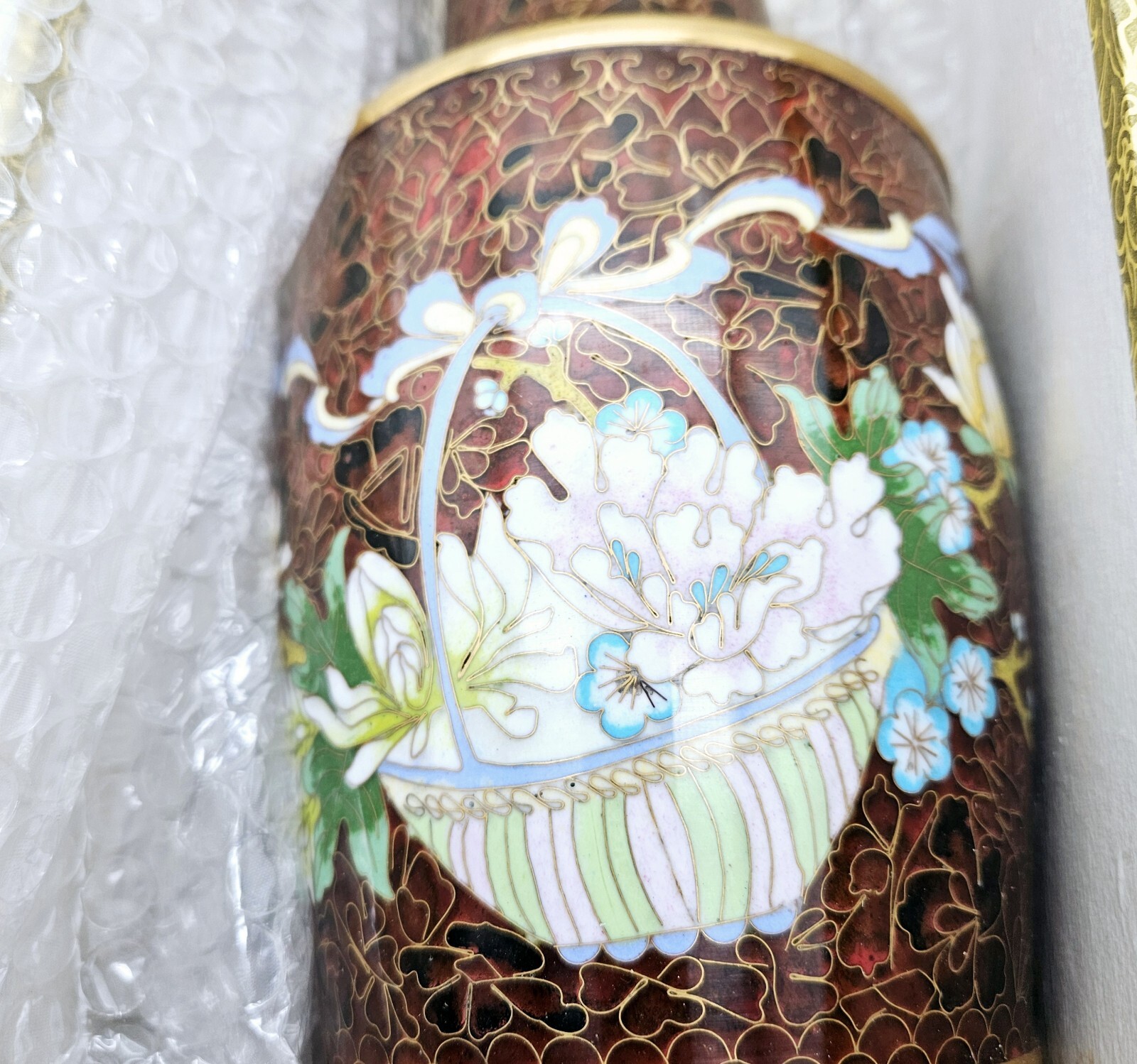 Chinese Cloisonne Ware Vase Lamp Base 12″ Brown Enamel Brass Box Wood Base