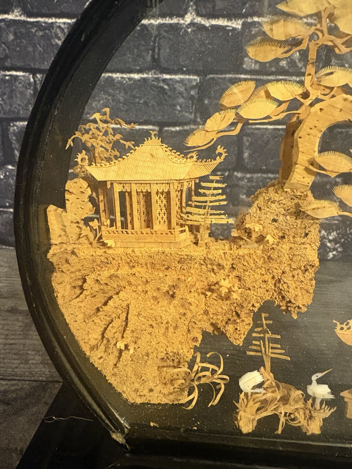 VINTAGE ROUND CHINESE CORK ART HAND CARVED DIORAMA PAGODA CRANES TREES CLIFF 9″