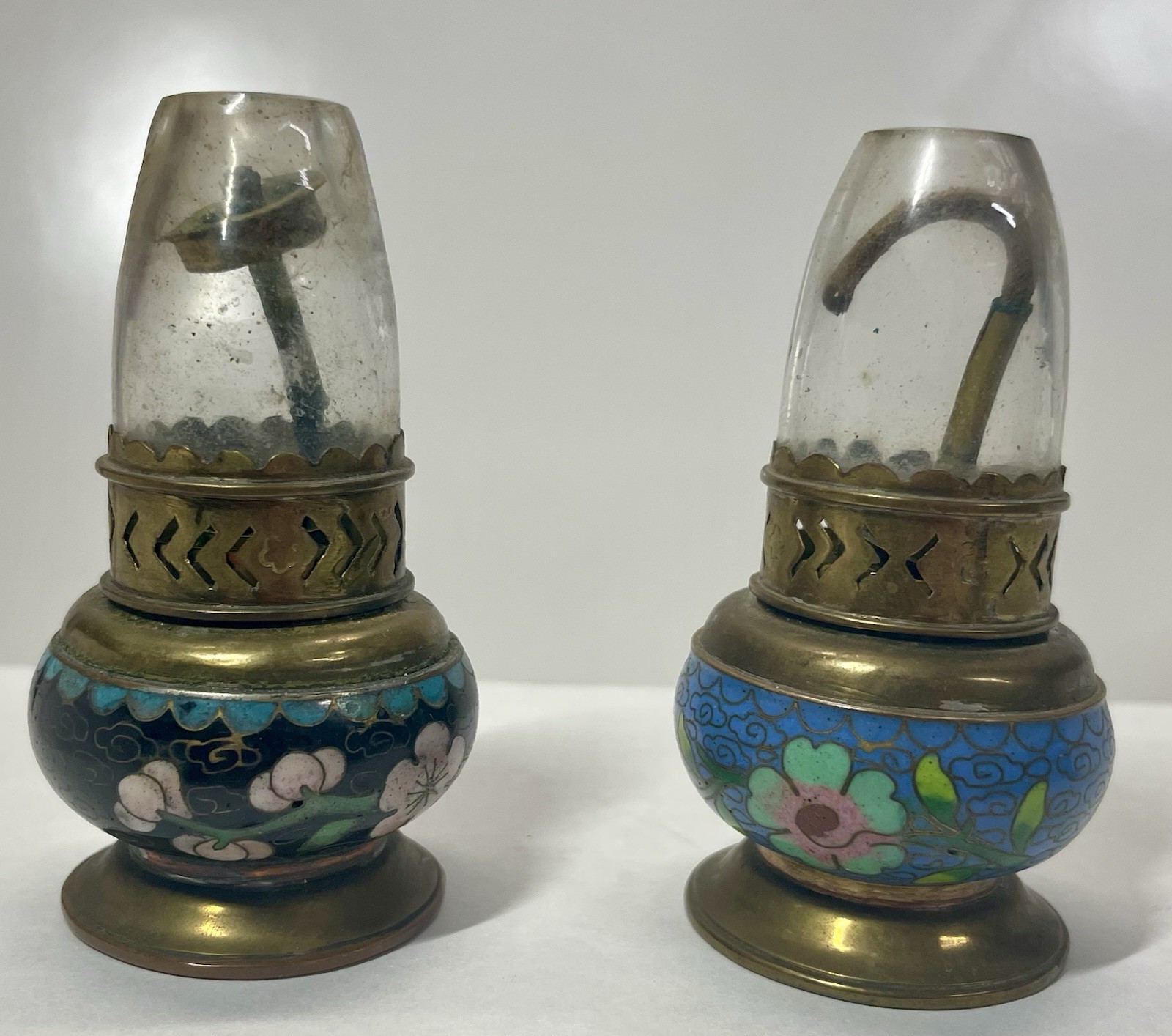Vintage Cloisonne Enamel Mini Oil Lamp Pair Hong Kong Brass Glass Chimneys