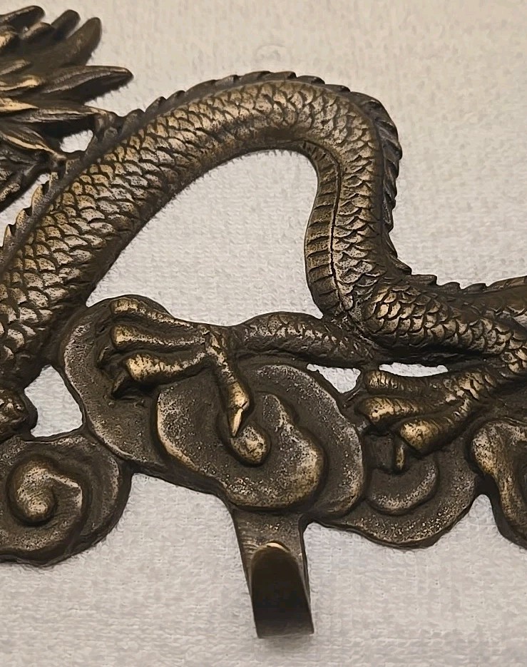 Vintage Chinese Brass Dragon Mounted Wall Hanger w/Hooks Solid Metal 12.5″×8″