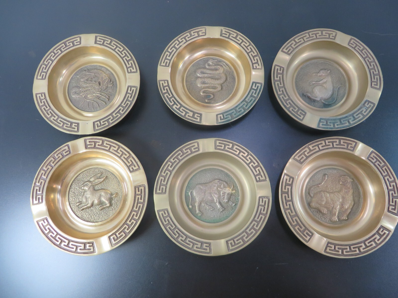 Vintage Brass Ashtrays Chinese New Year Zodiac Symbols Astrological Set Of 6