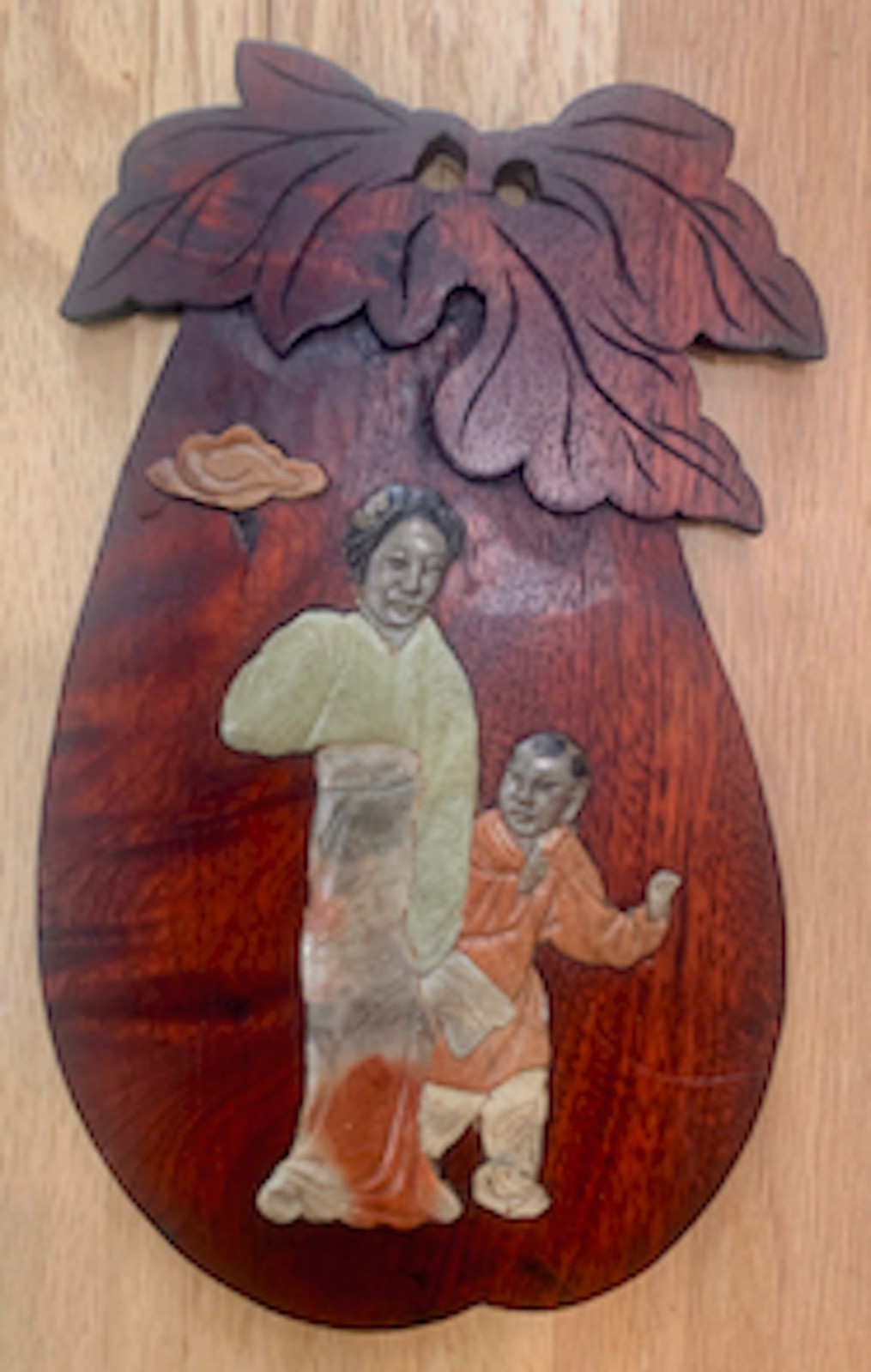 Antique Vintage Chinese Wooden Wall Plaque with Artistic Stone Inlay