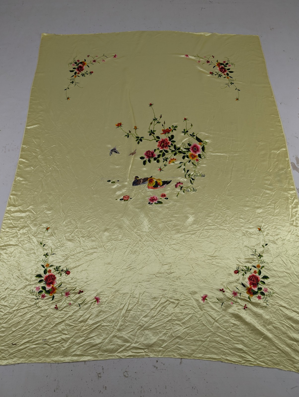Vintage Chinese Embroidered Floral & Mandarin Ducks Silk Textile 74x56in