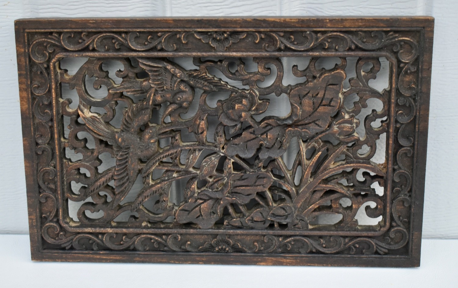 Vintage Hand Carved Chinese Plaque with Birds & Floral Details