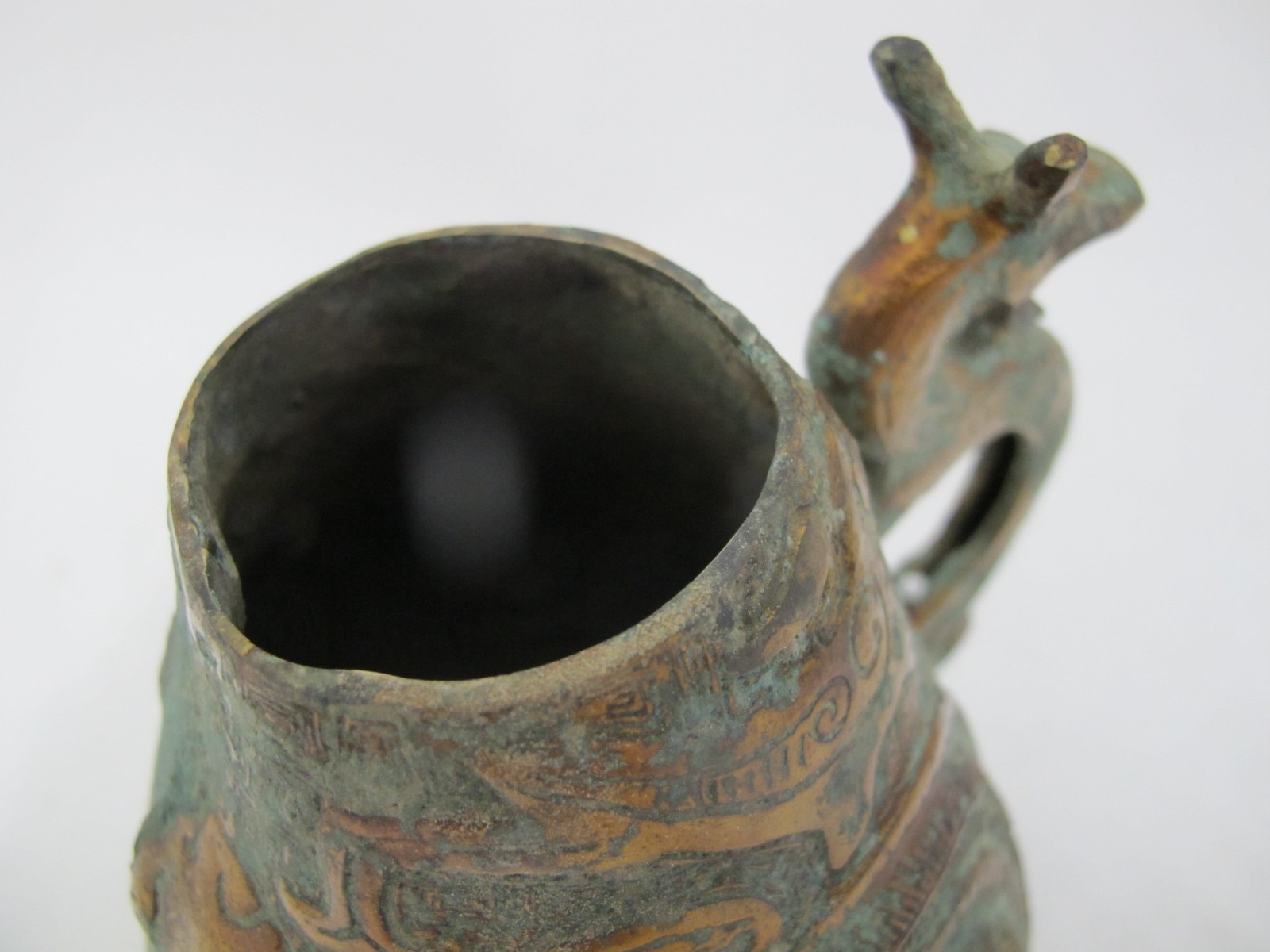 CHINESE Archaic BIRD Bronze Ware Gold Toad Accent Ritual WINE Vessel Pitcher