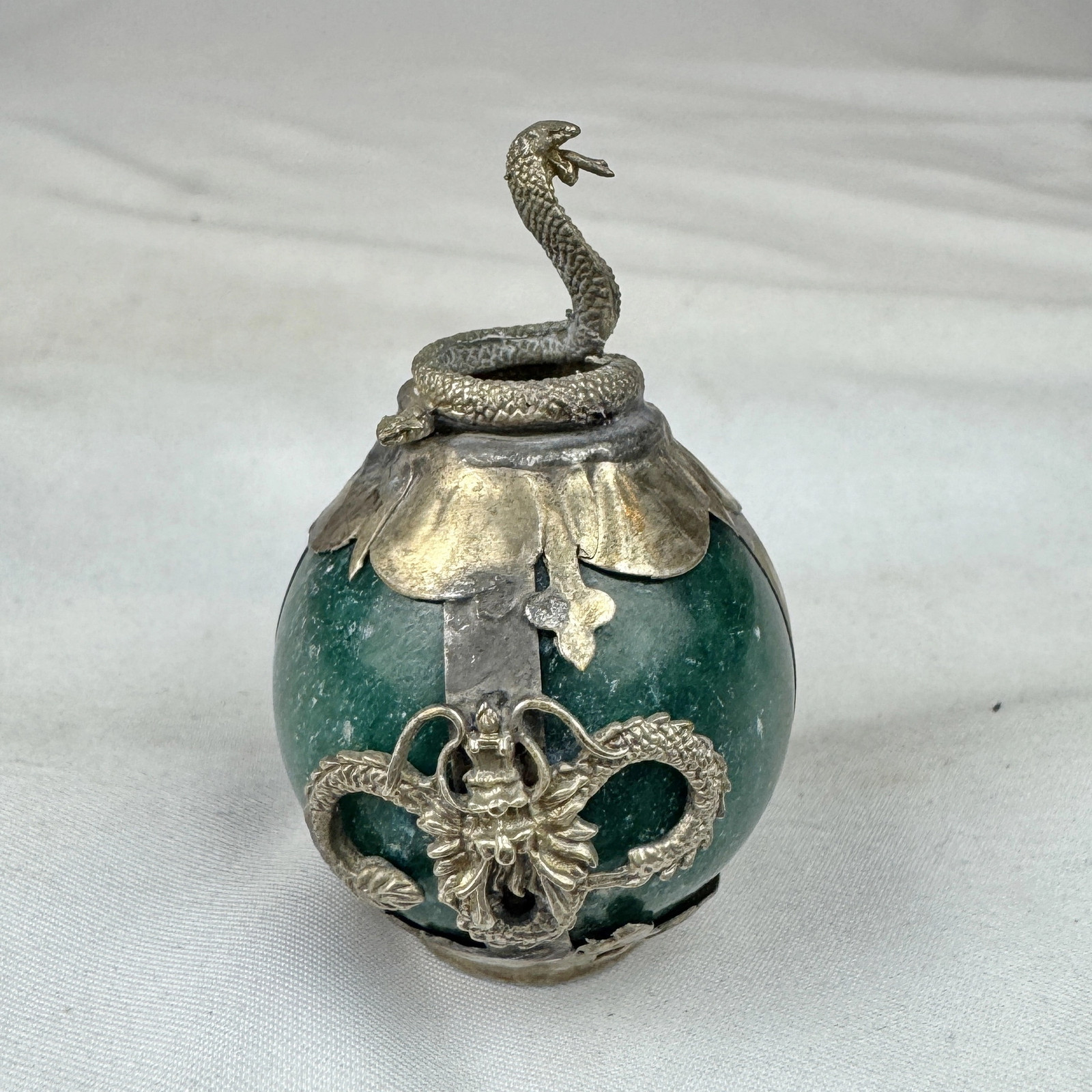 Vintage Chinese Zodiac SNAKE Green Marble Orb, Pewter/Tin Finial, Dragon Motif