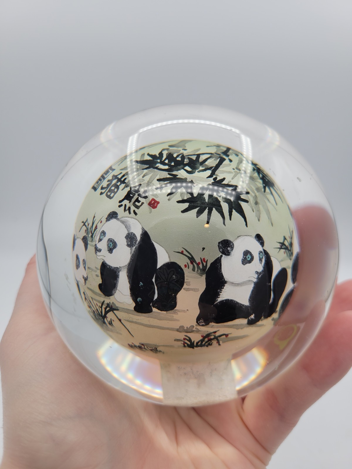 Chinese Art Glass Ball Sphere Paperweight Reverse Hand Painted Pandas NO Base