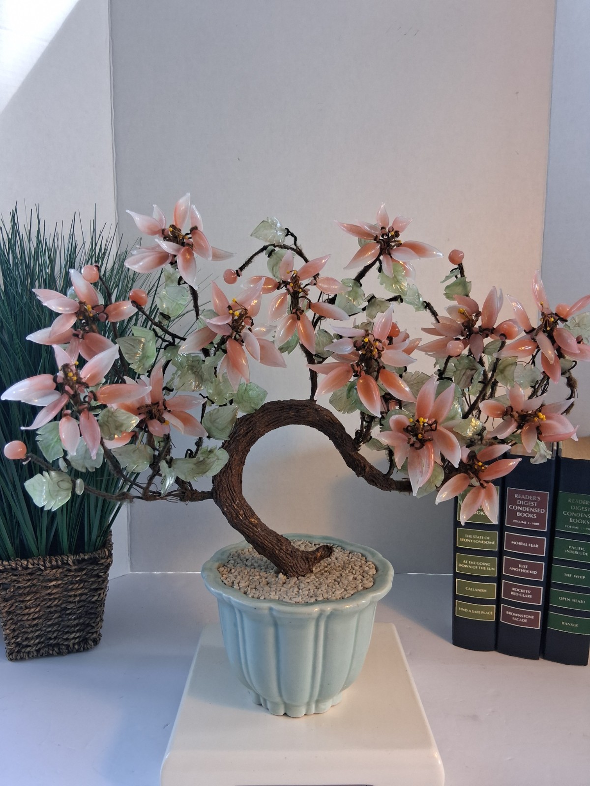 Vtg! XL Asian Bonsai Jade Glass & Coral Color Quartz Flowering Tree;14.5″x 13.0″