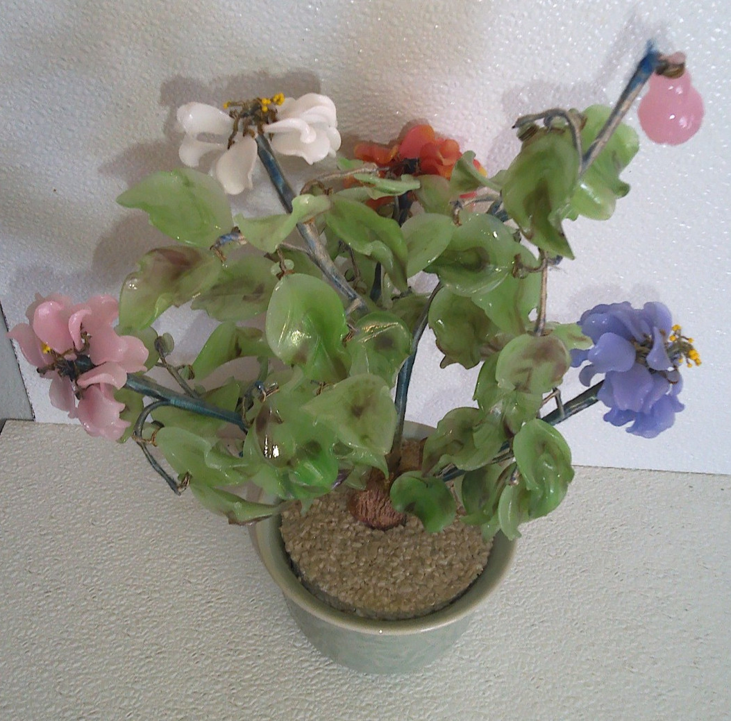 Vintage Chinese Jade Glass Flower Arrangement in Celadon Pot Multicolor Blossoms