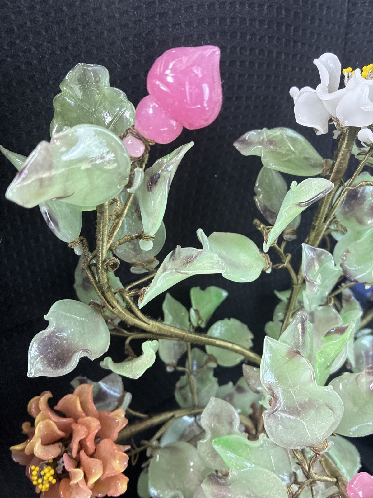 CHINESE ANTIQUE JADE BONSAI TREE MULTI COLOR FLOWER BLOSSOMS VTG GLASS FLOWERS