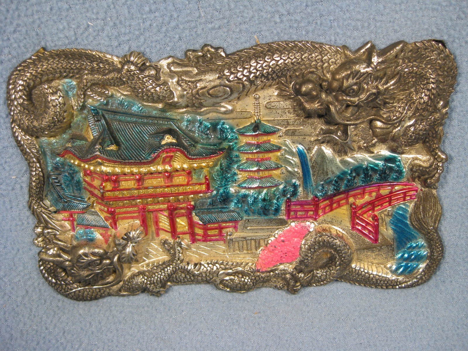 Vintage Chinese Wall Art Jewelry Box Lid with Dragon’s Antique 7″L X 4 1/2″