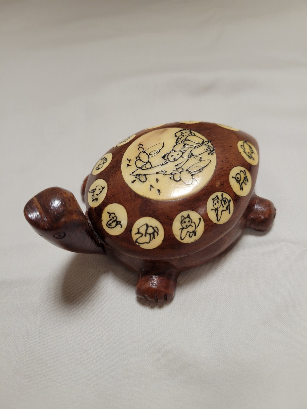 Vintage Asian Carved Wooden Turtle, Opens with Compass and Zodiac Signs