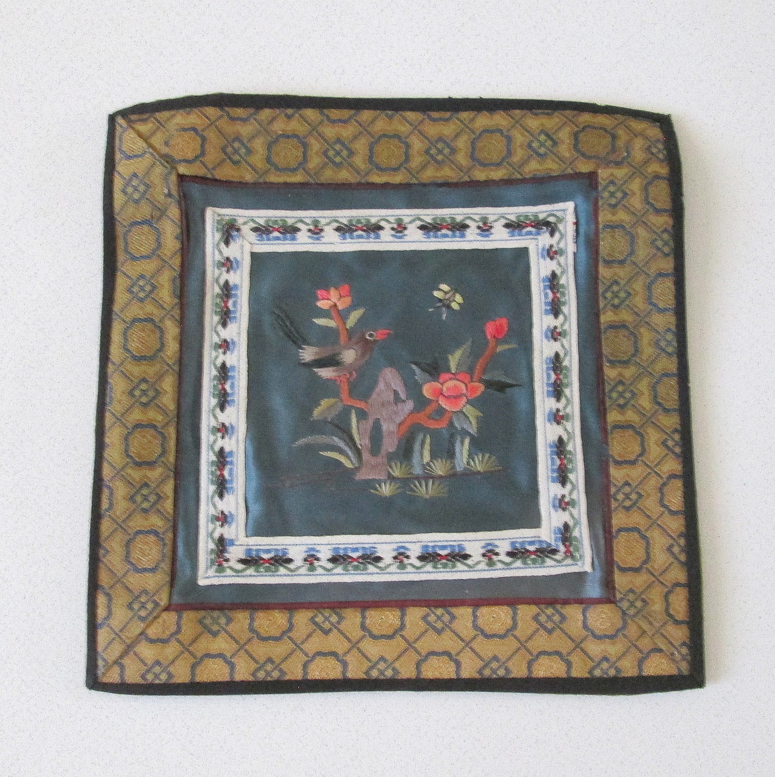 Vintage Chinese Silk Embroidered Square Textile Panel Bird On Branches 7 Inches