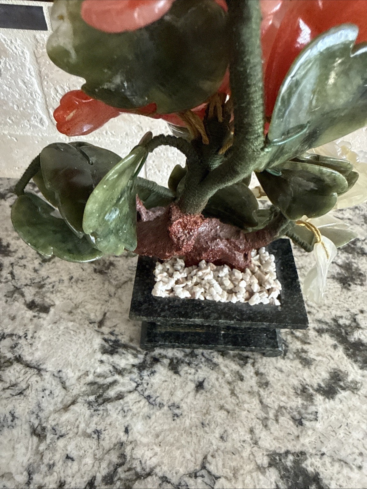 Vintage Chinese Jade Tree Carved Hardstone Flower Carnelian Rose Quartz Agate 9″