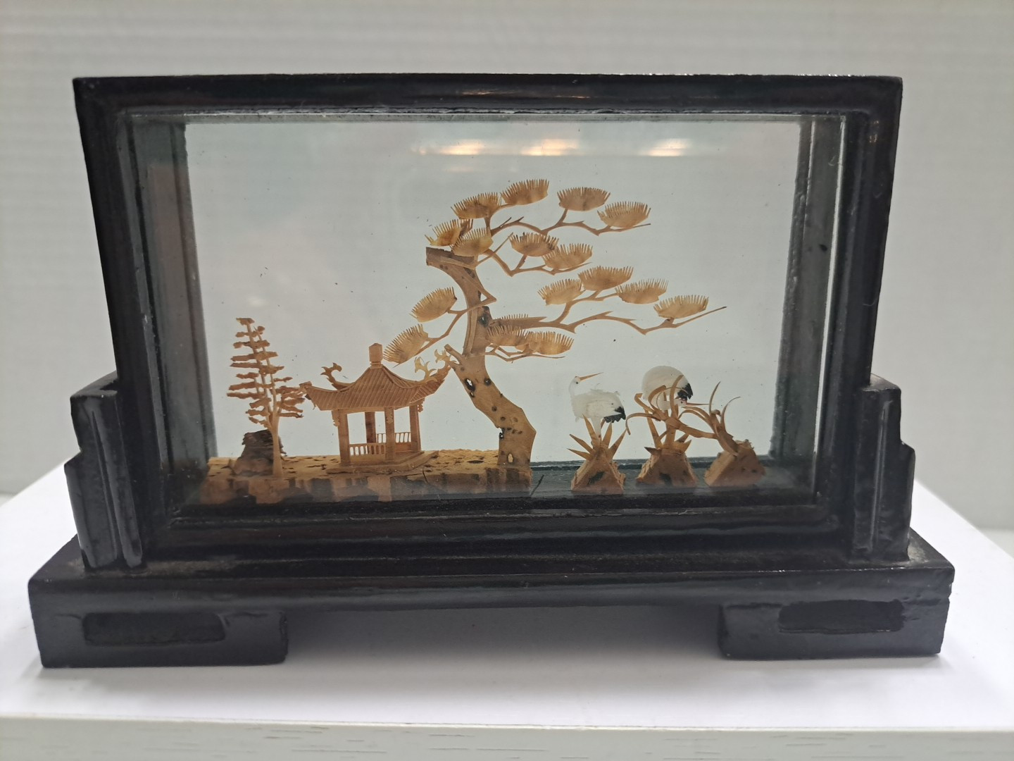 Vintage Chinese 5″ Wood Cork Carving Diorama Glass Display