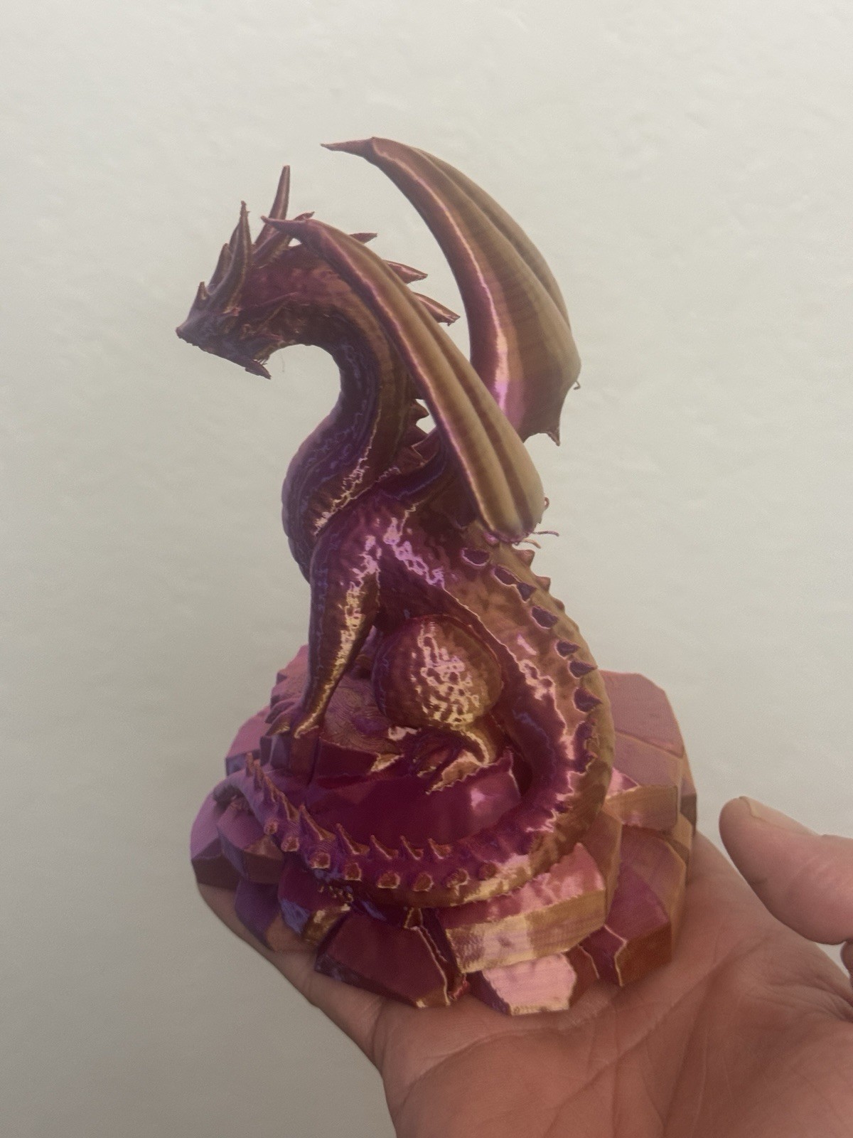 BICOLOR Dragon Figurine (Violet & Gold) Mouth Damaged! – H 6.5” × W 5” × D 4.5”
