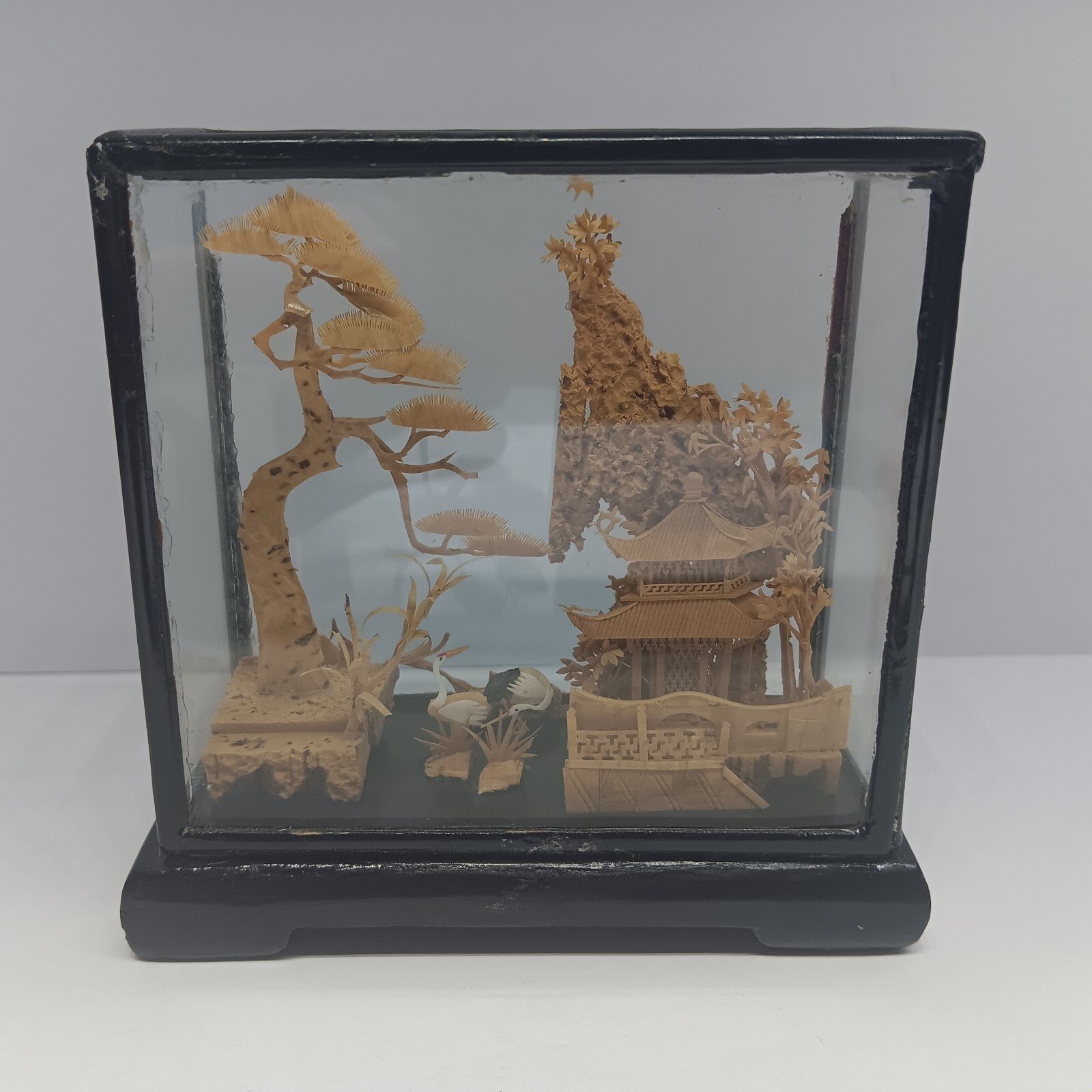 VTG Chinese Cork Carving Diorama Shadow Box Asian Art Pagoda Cranes 4″x4.5″x1.5″