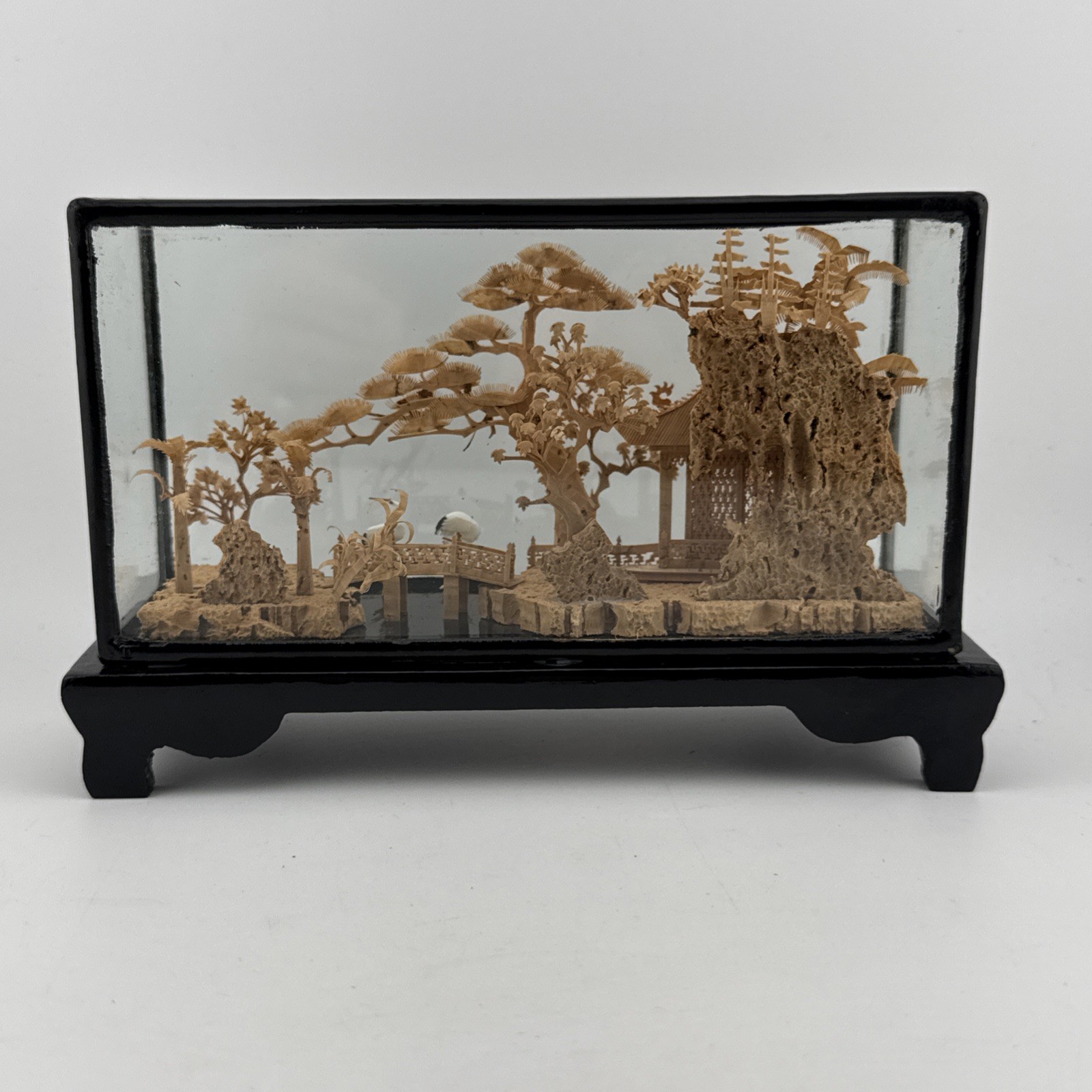 Vintage Chinese Hand Carved Cork Diorama with birds Framed Glass Wood