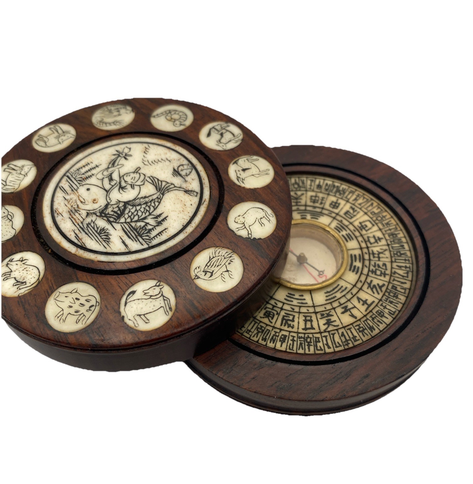 Vintage Chinese Zodiac Wooden Compass and Astrology Calendar