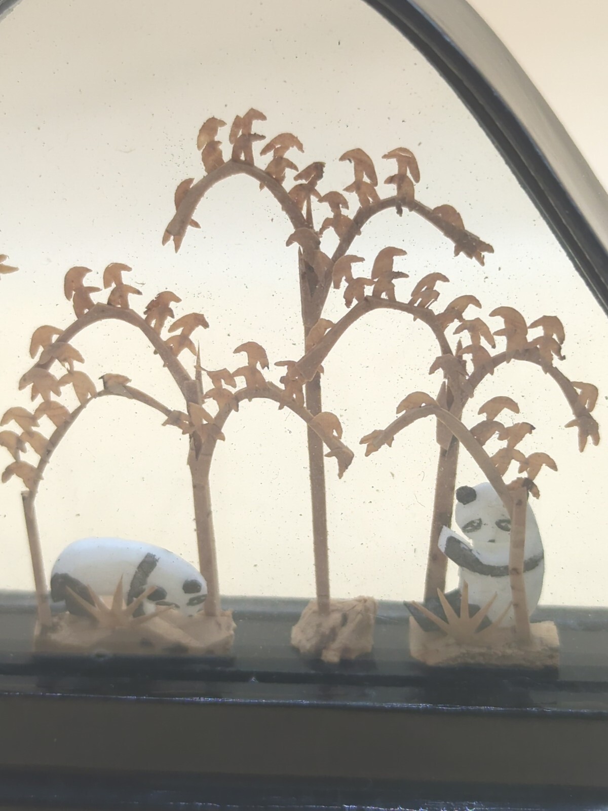 Vintage 2 Hand Carved Cork Diorama of Storks And Pandas in Black Lacquer Frames
