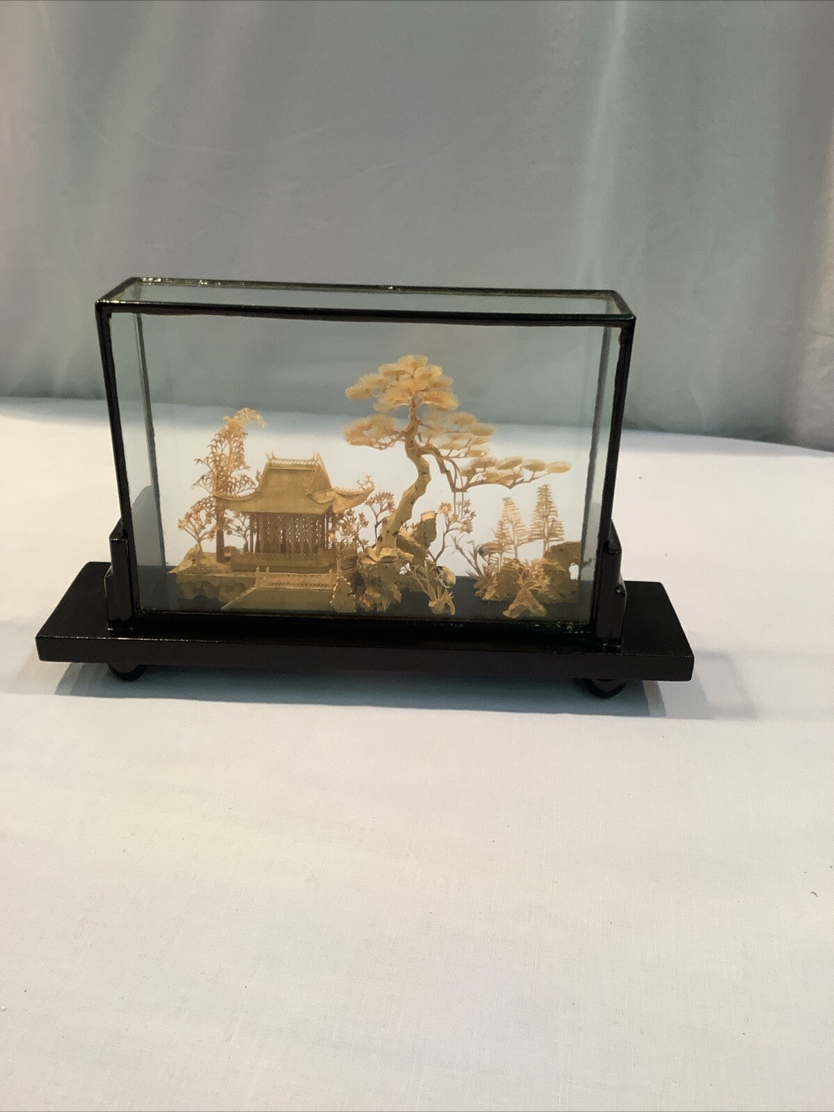 Fujian China 202 Vintage Hand Carved Cork Diorama Art Glass Wood Framed Picture