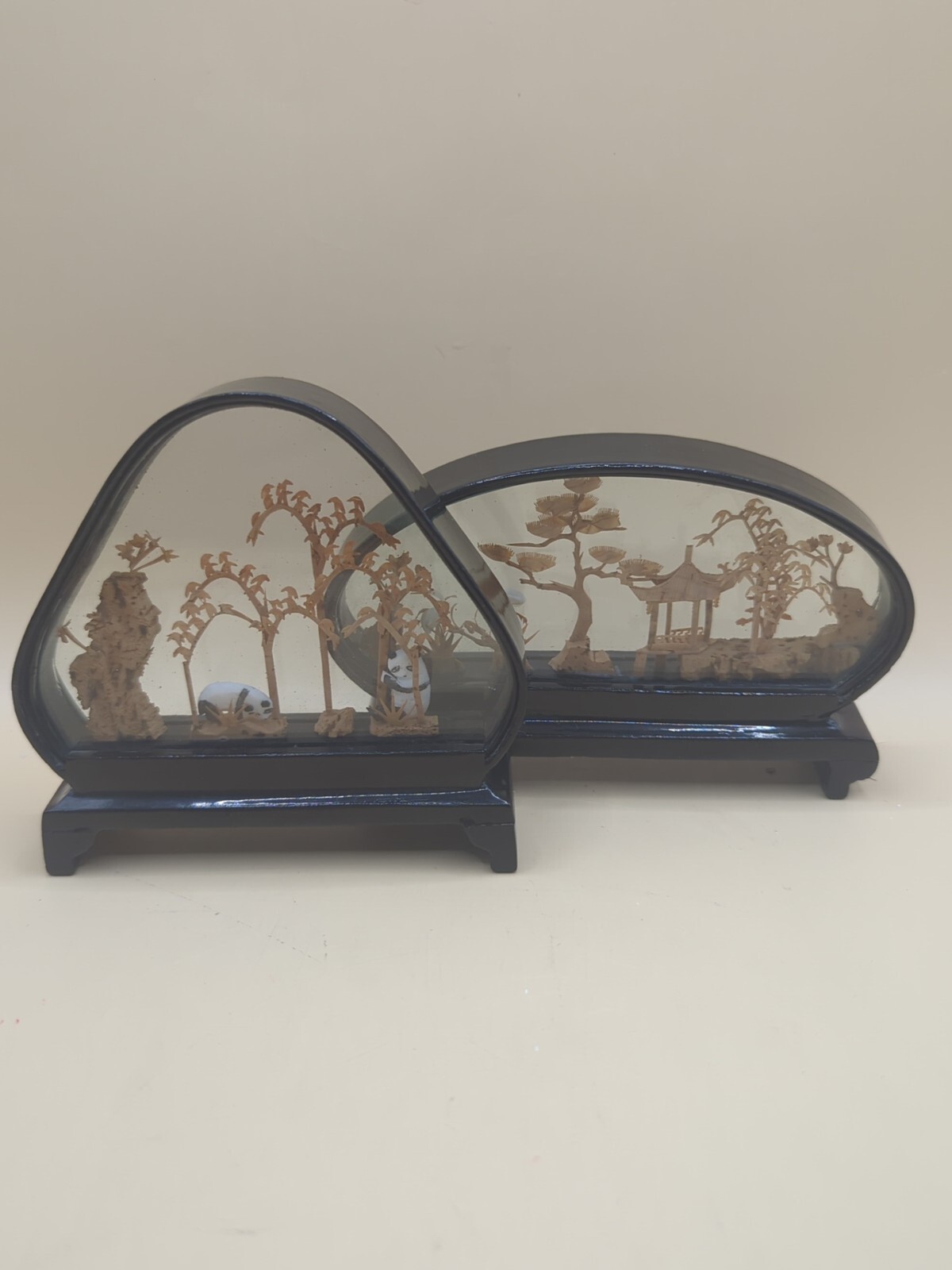 Vintage 2 Hand Carved Cork Diorama of Storks And Pandas in Black Lacquer Frames