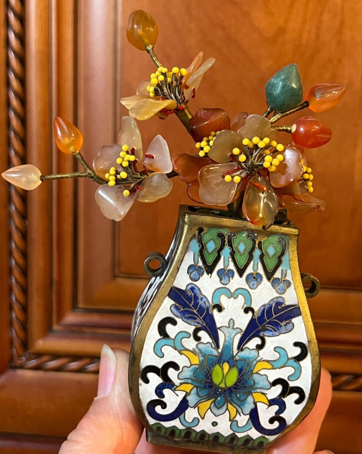 Miniature Antique Chinese Carnelian Quarts Jade Flower Tree in Cloisonne Pot