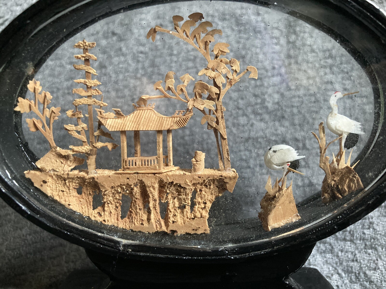 VTG Chinese Carved Cork Art Diorama Scene 4.5″ x “4 Cranes / Pagoda / Trees