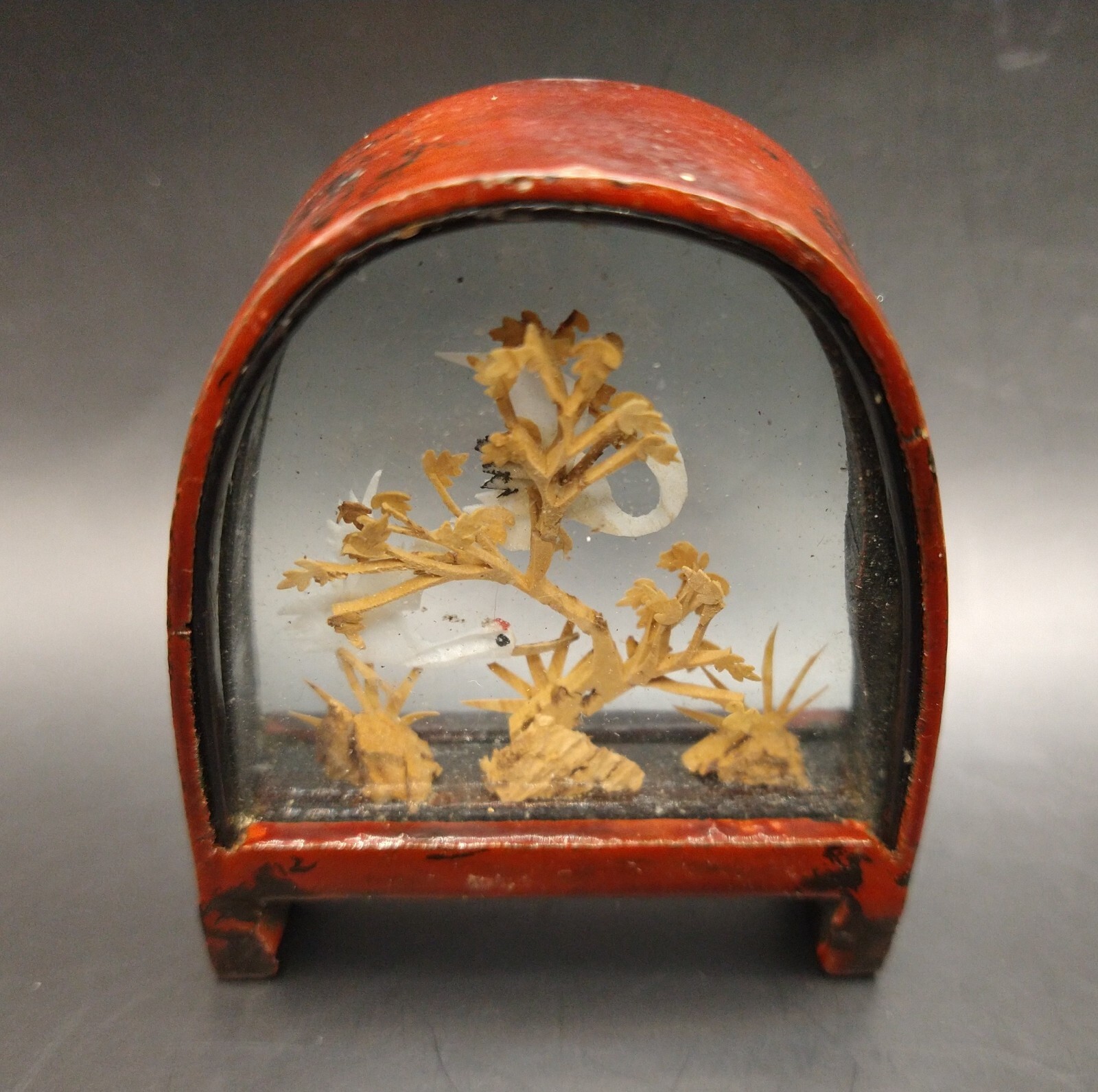 Vintage Chinese Cork Small Diorama Cranes & Trees Arch Shaped Lacquered Wood