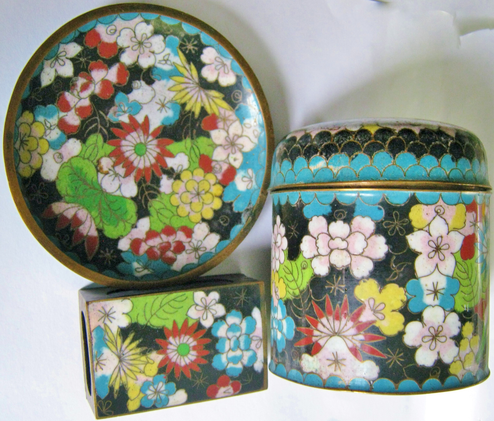 VINTAGE CHINA CLOISONNE TOBACCO SET FLORAL MATCHBOX ASHTRAY CIGARETTE JAR