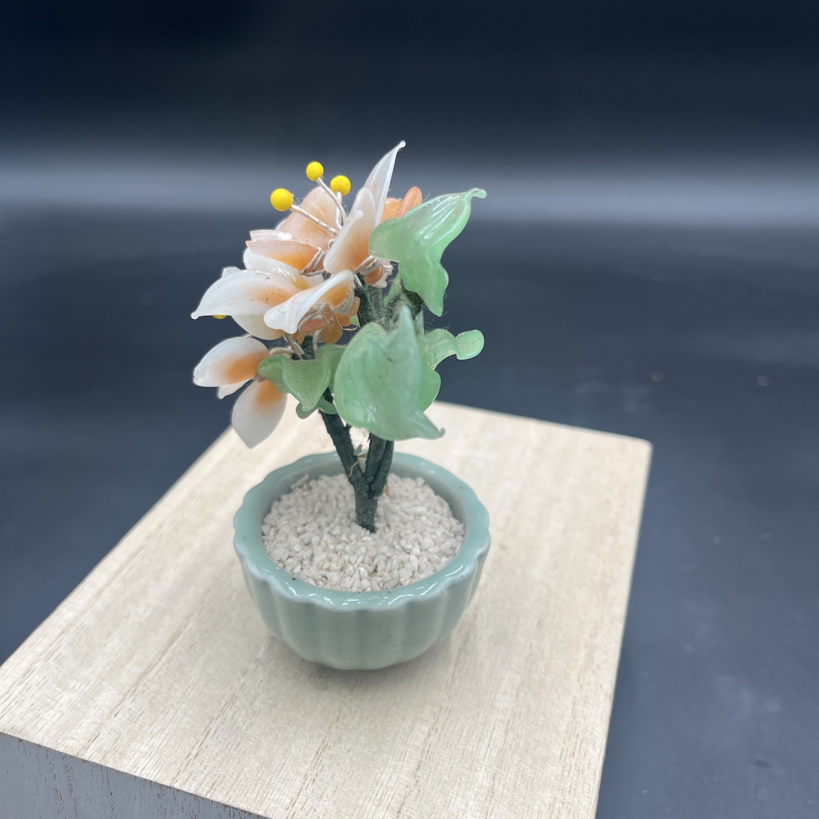 Vintage Small Jade & White Floral Bonsai Tree Green Celadon Pot 4.5”