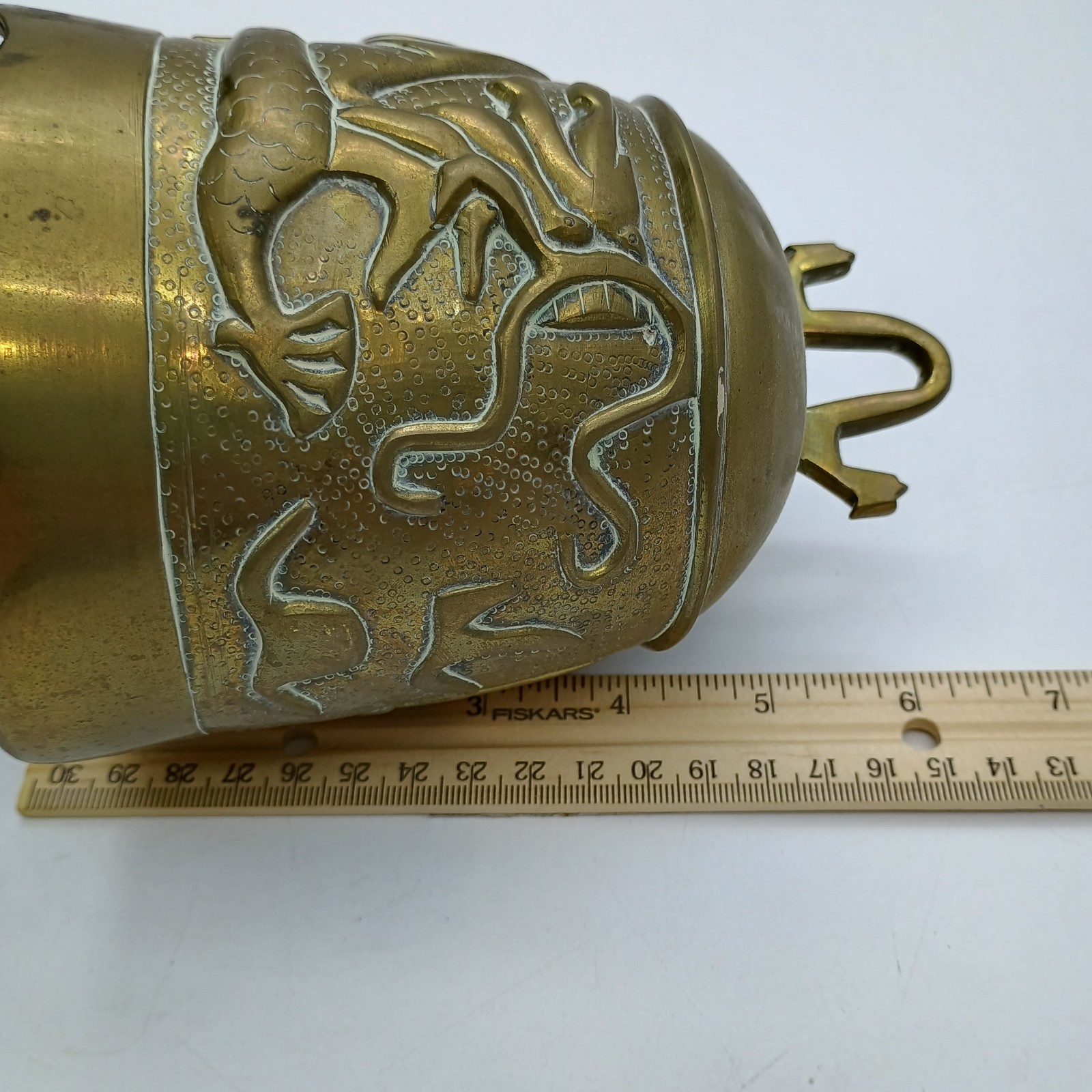 Vintage Chinese Wood Hand Carved Frame Holder With Brass Bell Dragon