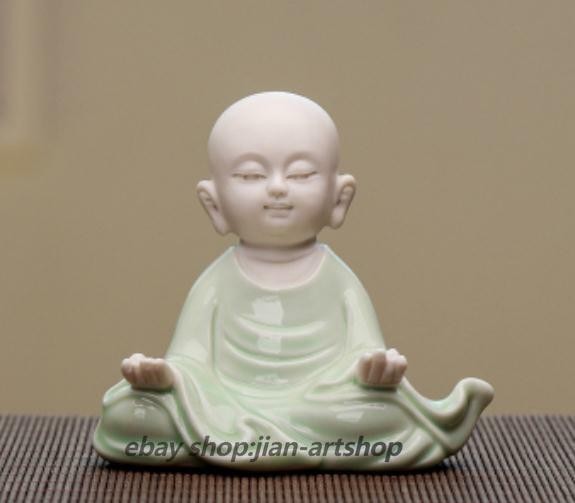 3.1″China Celadon Porcelain Ceramics Lovable Little Monk Figurine Statue Statues