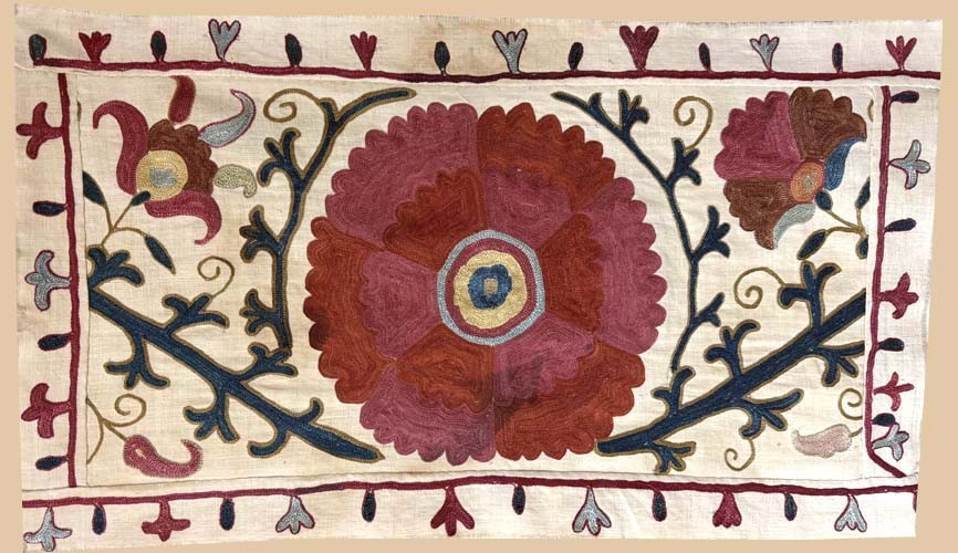 ANTIQUE UZBEK BUKHARA SILK EMBROIDERY SUZANI FRAGMENT